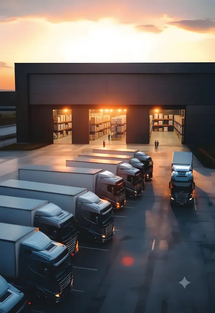 Trucks at a warehouse at night